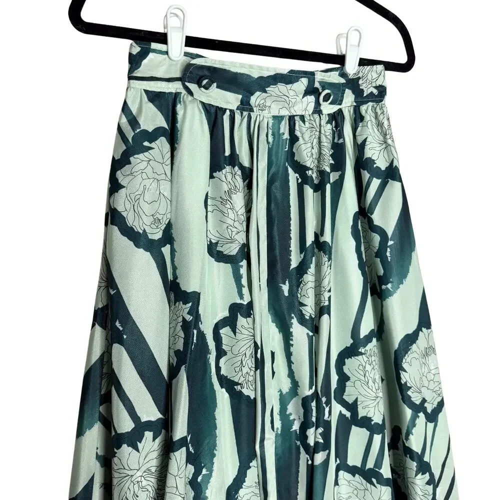 Anthropologie Troubadour Waterlily Floral Striped Circle Skirt 4P Green Workwear